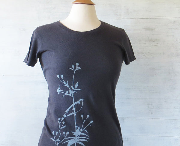 Women's Hemp Organic Cotton T-Shirt - Bird on Flower - Grey - Uzura - Seattle, WA - PNW