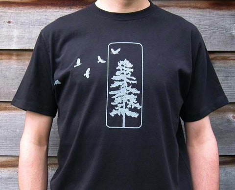Men's Organic Cotton T-shirt - Flying Crows and Pine Tree - Black - Uzura - Seattle, WA - PNW