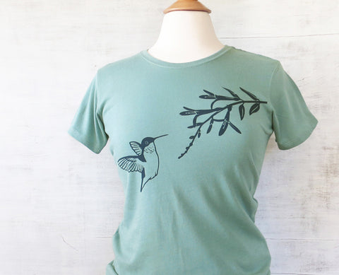 Women's Organic Cotton T-Shirt with Hummingbird - Blue Green