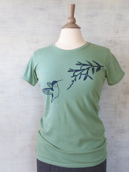 Uzura Women s Organic Cotton T Shirt with Hummingbird Blue Green