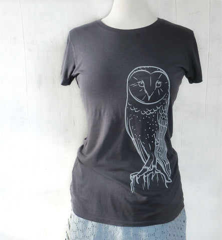 Women's Bamboo Organic Cotton T-Shirt with Owl - Charcoal