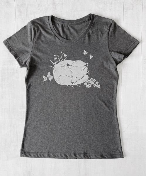 Women's Eco-Friendly Heather T-Shirt Sleeping Fox - Heather Black - Uzura - Seattle, WA - PNW