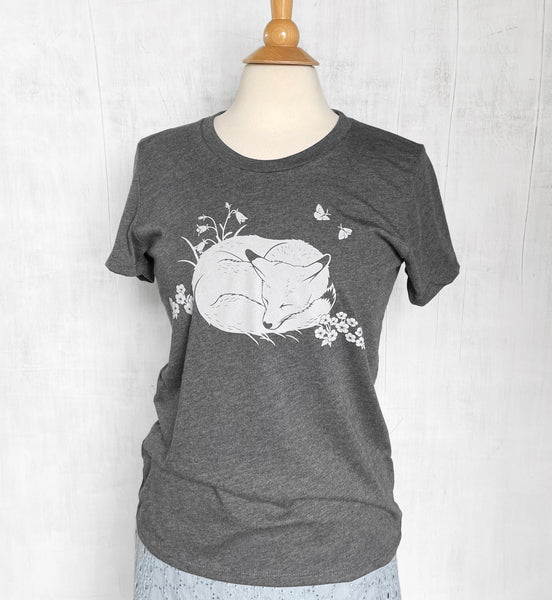 Women's Eco-Friendly Heather T-Shirt Sleeping Fox - Heather Black - Uzura - Seattle, WA - PNW