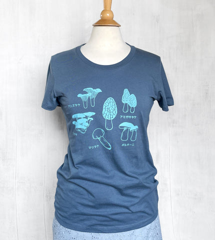 Women's Organic Cotton T-Shirt - Japanese Mushrooms - Blue - Uzura - Seattle, WA - PNW