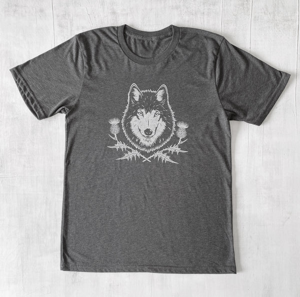 Unisex Organic Cotton T shirt with Wolf and Thistle Flowers