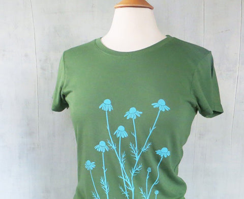 Women's Bamboo Organic Cotton T-Shirt with Chamomile - Green - Uzura - Seattle, WA - PNW