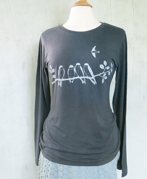 Gray women's bamboo long sleeve with screenprintng of swallows on the front