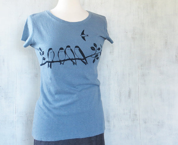 Women's Hemp Organic Cotton T-Shirt - Swallows - Light Blue - Uzura - Seattle, WA - PNW
