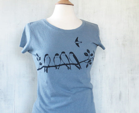 Women's Hemp Organic Cotton T-Shirt - Swallows - Light Blue - Uzura