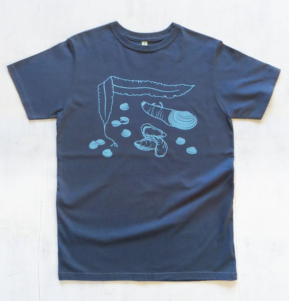 Men's Organic Cotton T-shirt with Shellfish  - Blue - Uzura - Seattle, WA - PNW