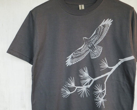 Men's Organic Cotton T-shirt - Hawk and Pine Tree - Grey - Uzura - Seattle, WA - PNW