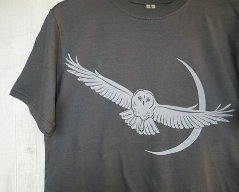 Men's Organic Cotton T-Shirt with Owl and Moon - Grey - Uzura - Seattle, WA - PNW