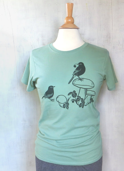 Women's Organic Cotton T-Shirt with Birds on Mushroom - Blue Green