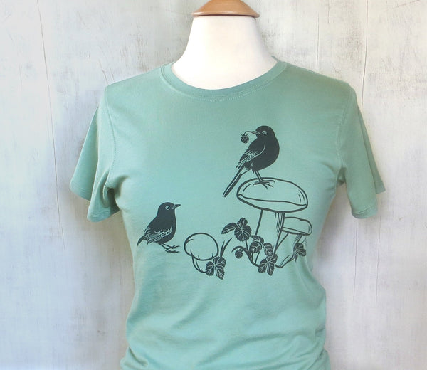 Women's Organic Cotton T-Shirt with Birds on Mushroom - Blue Green