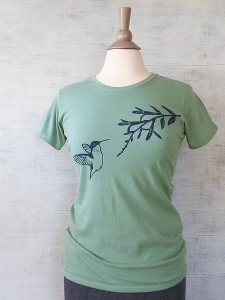 Women's Organic Cotton T-Shirt with Hummingbird - Blue Green