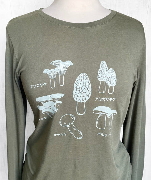 Women's Bamboo Long Sleeve Shirt with Japanese Mushrooms