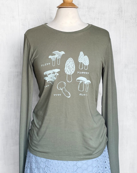 Women's Bamboo Long Sleeve Shirt with Japanese Mushrooms