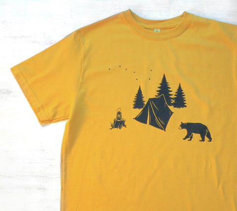 Men's Organic Cotton T-shirt - Camping with Bear - Golden Yellow - Uzura - Seattle, WA - PNW
