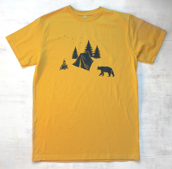 Men's Organic Cotton T-shirt - Camping with Bear - Golden Yellow - Uzura - Seattle, WA - PNW