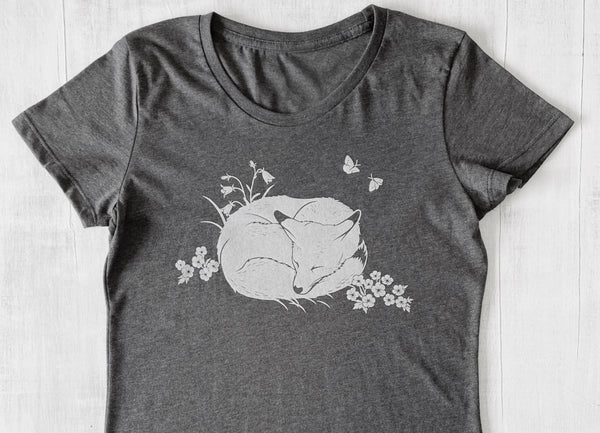 Women's Eco-Friendly Heather T-Shirt Sleeping Fox - Heather Black - Uzura - Seattle, WA - PNW