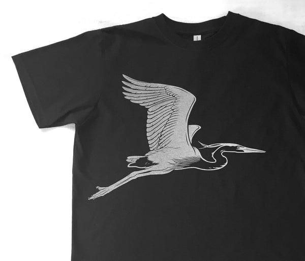 Men's Organic Cotton T-shirt - Flying Blue Heron - Black - Uzura - Seattle, WA - PNW