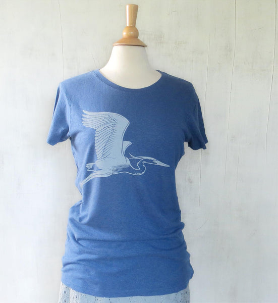 Women's Hemp Organic Cotton T-Shirt with Great Blue Heron - Blue