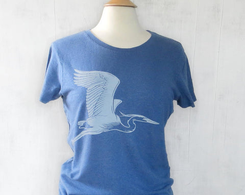 Women's Hemp Organic Cotton T-Shirt with Great Blue Heron - Blue